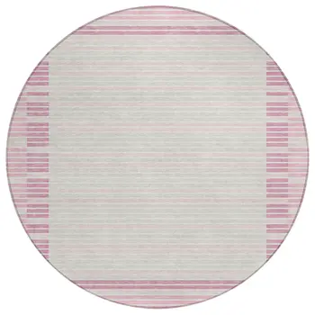 8' Pink And Ivory Round Striped Washable Indoor Outdoor Area Rug
