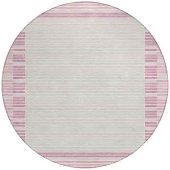 8' Pink And Ivory Round Striped Washable Indoor Outdoor Area Rug