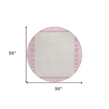 8' Pink And Ivory Round Striped Washable Indoor Outdoor Area Rug