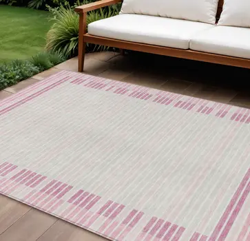8' X 10' Pink And Ivory Striped Washable Indoor Outdoor Area Rug
