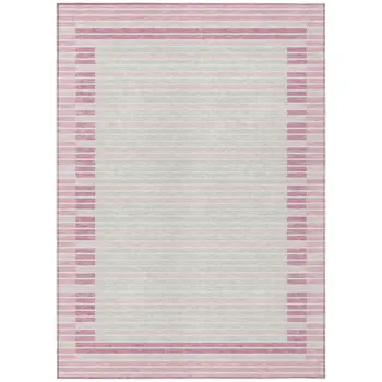 8' X 10' Pink And Ivory Striped Washable Indoor Outdoor Area Rug