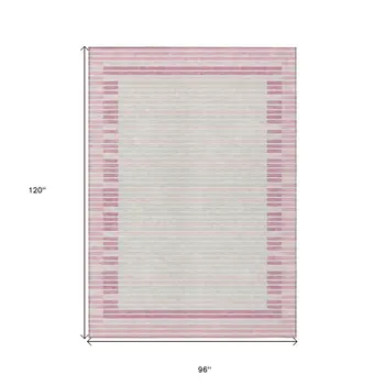 8' X 10' Pink And Ivory Striped Washable Indoor Outdoor Area Rug