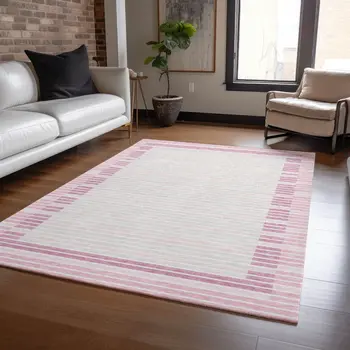 8' X 10' Pink And Ivory Striped Washable Indoor Outdoor Area Rug