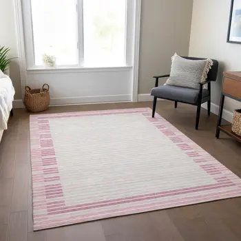 8' X 10' Pink And Ivory Striped Washable Indoor Outdoor Area Rug