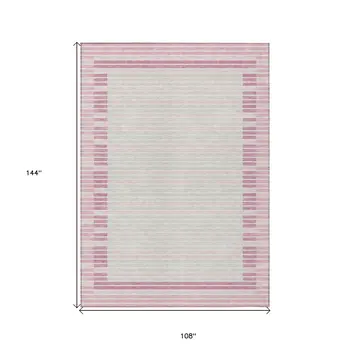9' X 12' Pink And Ivory Striped Washable Indoor Outdoor Area Rug