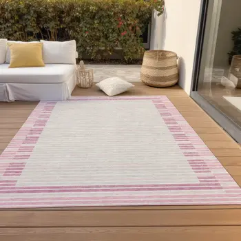 9' X 12' Pink And Ivory Striped Washable Indoor Outdoor Area Rug