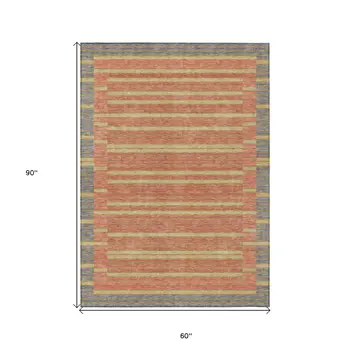 5' X 8' Pewter And Gold Striped Washable Indoor Outdoor Area Rug