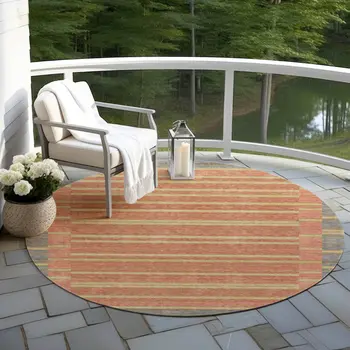 8' Pewter And Gold Round Striped Washable Indoor Outdoor Area Rug