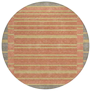 8' Pewter And Gold Round Striped Washable Indoor Outdoor Area Rug