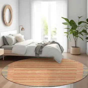 8' Pewter And Gold Round Striped Washable Indoor Outdoor Area Rug