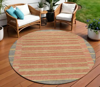 8' Pewter And Gold Round Striped Washable Indoor Outdoor Area Rug