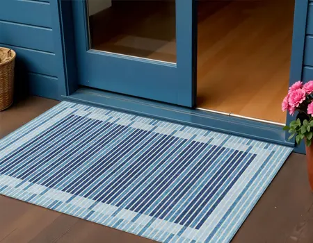 3' X 5' Sky Blue And Denim Blue Striped Washable Indoor Outdoor Area Rug