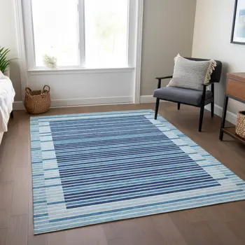 3' X 5' Sky Blue And Denim Blue Striped Washable Indoor Outdoor Area Rug