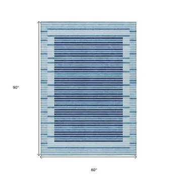 5' X 8' Sky Blue And Denim Blue Striped Washable Indoor Outdoor Area Rug