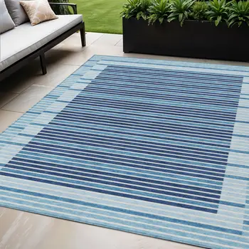 5' X 8' Sky Blue And Denim Blue Striped Washable Indoor Outdoor Area Rug