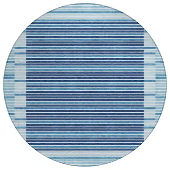 8' Sky Blue And Denim Blue Round Striped Washable Indoor Outdoor Area Rug