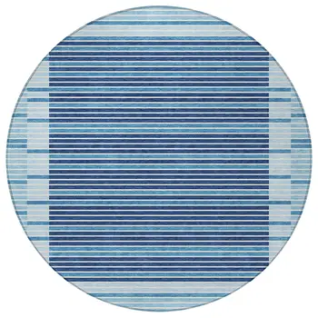 8' Sky Blue And Denim Blue Round Striped Washable Indoor Outdoor Area Rug