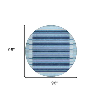 8' Sky Blue And Denim Blue Round Striped Washable Indoor Outdoor Area Rug