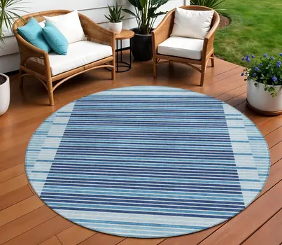8' Sky Blue And Denim Blue Round Striped Washable Indoor Outdoor Area Rug