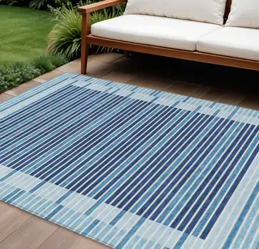 8' X 10' Sky Blue And Denim Blue Striped Washable Indoor Outdoor Area Rug