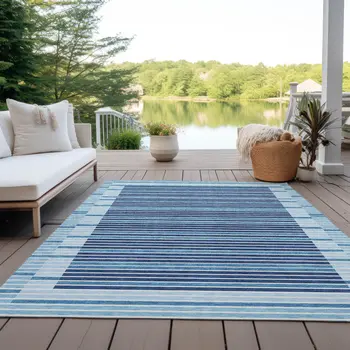 8' X 10' Sky Blue And Denim Blue Striped Washable Indoor Outdoor Area Rug