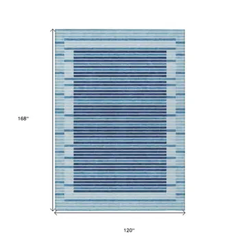 10' X 14' Sky Blue And Denim Blue Striped Washable Indoor Outdoor Area Rug