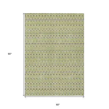 5' X 8' Artichoke Green And Fern Green Striped Washable Indoor Outdoor Area Rug