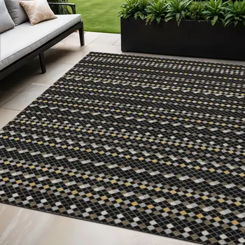 5' X 8' Black And Taupe Striped Washable Indoor Outdoor Area Rug