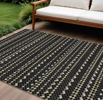 10' X 14' Black And Taupe Striped Washable Indoor Outdoor Area Rug