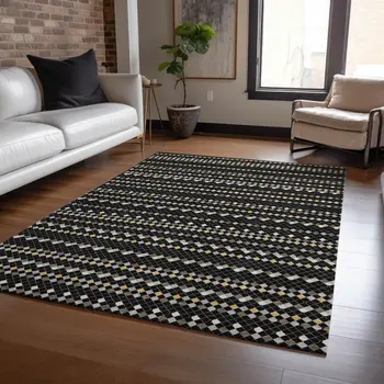 10' X 14' Black And Taupe Striped Washable Indoor Outdoor Area Rug