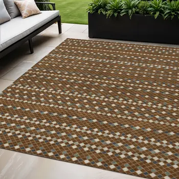 5' X 8' Brown And Gray Striped Washable Indoor Outdoor Area Rug