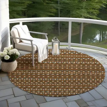 8' Brown And Gray Round Striped Washable Indoor Outdoor Area Rug