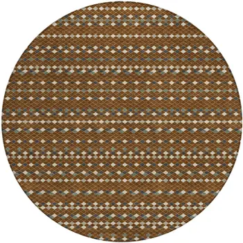 8' Brown And Gray Round Striped Washable Indoor Outdoor Area Rug