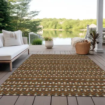 8' X 10' Brown And Gray Striped Washable Indoor Outdoor Area Rug