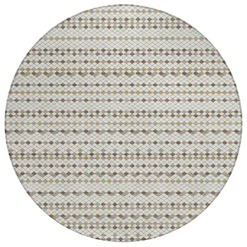 8' Ivory And Brown Round Striped Washable Indoor Outdoor Area Rug