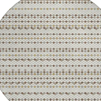 8' Ivory And Brown Round Striped Washable Indoor Outdoor Area Rug