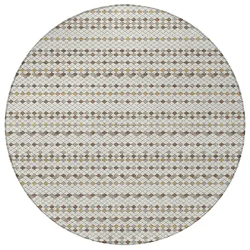 8' Ivory And Brown Round Striped Washable Indoor Outdoor Area Rug