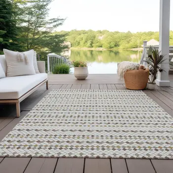 8' X 10' Ivory And Brown Striped Washable Indoor Outdoor Area Rug
