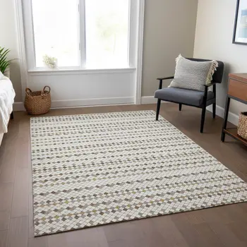 9' X 12' Ivory And Brown Striped Washable Indoor Outdoor Area Rug
