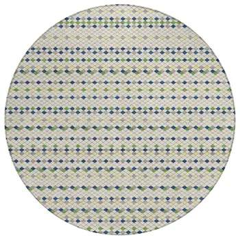 8' Linen And Lime Green Round Striped Washable Indoor Outdoor Area Rug