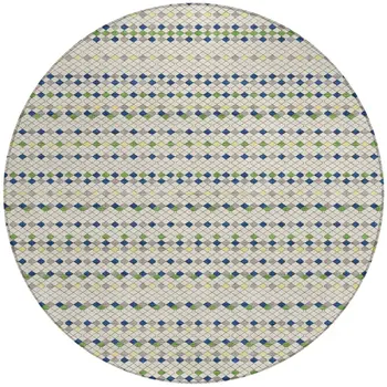 8' Linen And Lime Green Round Striped Washable Indoor Outdoor Area Rug