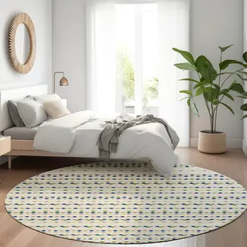 8' Linen And Lime Green Round Striped Washable Indoor Outdoor Area Rug
