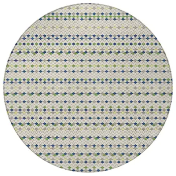 8' Linen And Lime Green Round Striped Washable Indoor Outdoor Area Rug