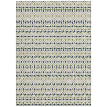 8' X 10' Linen And Lime Green Striped Washable Indoor Outdoor Area Rug