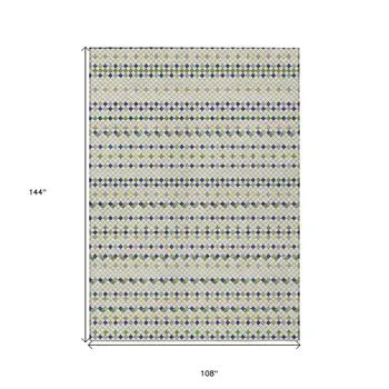 9' X 12' Linen And Lime Green Striped Washable Indoor Outdoor Area Rug