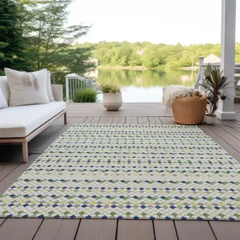 10' X 14' Linen And Lime Green Striped Washable Indoor Outdoor Area Rug