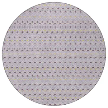 8' Lavender And Ivory Round Striped Washable Indoor Outdoor Area Rug
