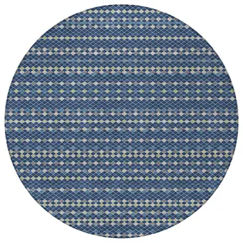 8' Navy Blue And Mint Green Round Striped Washable Indoor Outdoor Area Rug