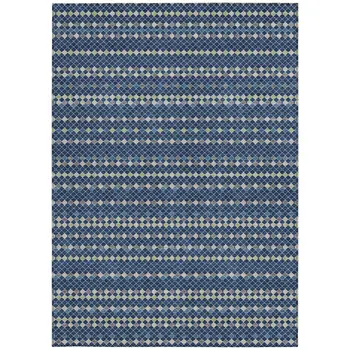 8' X 10' Navy Blue And Mint Green Striped Washable Indoor Outdoor Area Rug