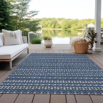 8' X 10' Navy Blue And Mint Green Striped Washable Indoor Outdoor Area Rug